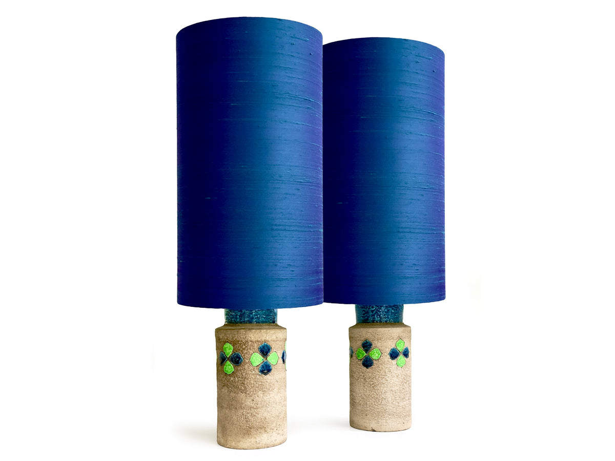 Bitossi (Italy) 'Clover' in Blue/Green, 27" Table Lamps, with Hand-Made Lampshades [Set x2] *RARE FIND*