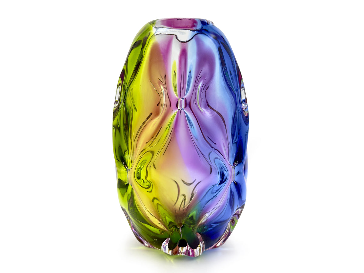 Iwatsu Glass (Japón) de su gama ArtGlass | Jarrón de vidrio artístico "Arcoíris" de 23 cm, en azul, verde chartreuse y rosa. *¡HALLAZGO RARO!* 