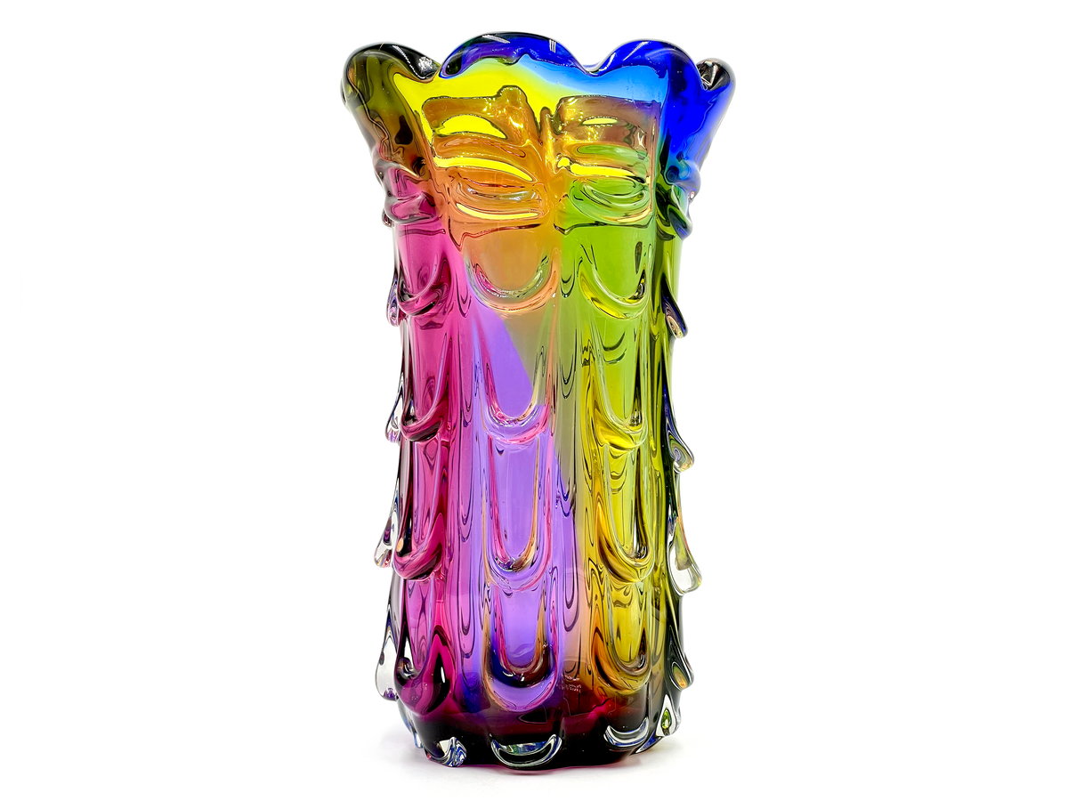 Vase en verre artistique « Arc-en-ciel » de 29,2 cm, Hokuyo Glass (Japon), bleu/rose/jaune *DÉCOUVERTE RARE* 
