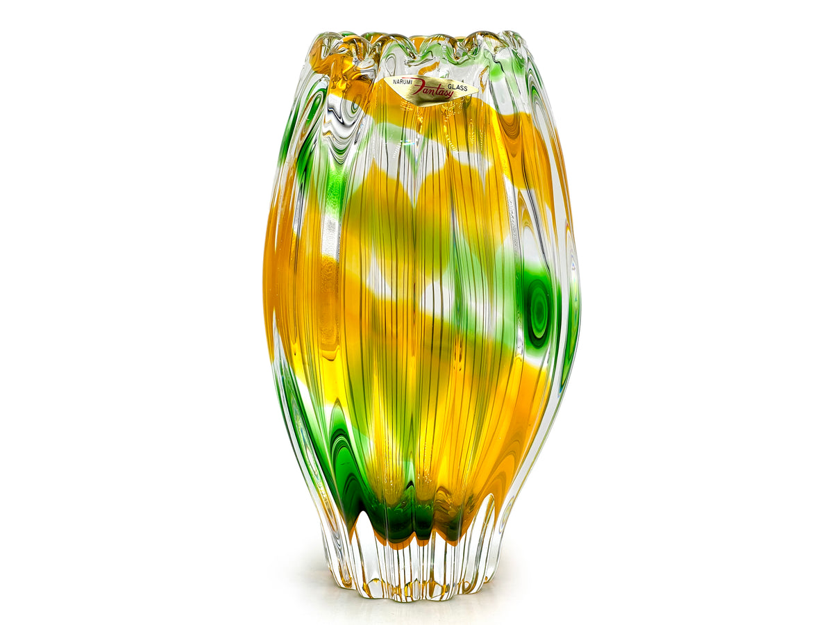 Vase en verre Sanyu (Japon) de la gamme Narumi « Fantasy » | Vase en verre d'art 23 cm, vert/orange | Emballage vintage d'origine * DÉCOUVERTE RARE *