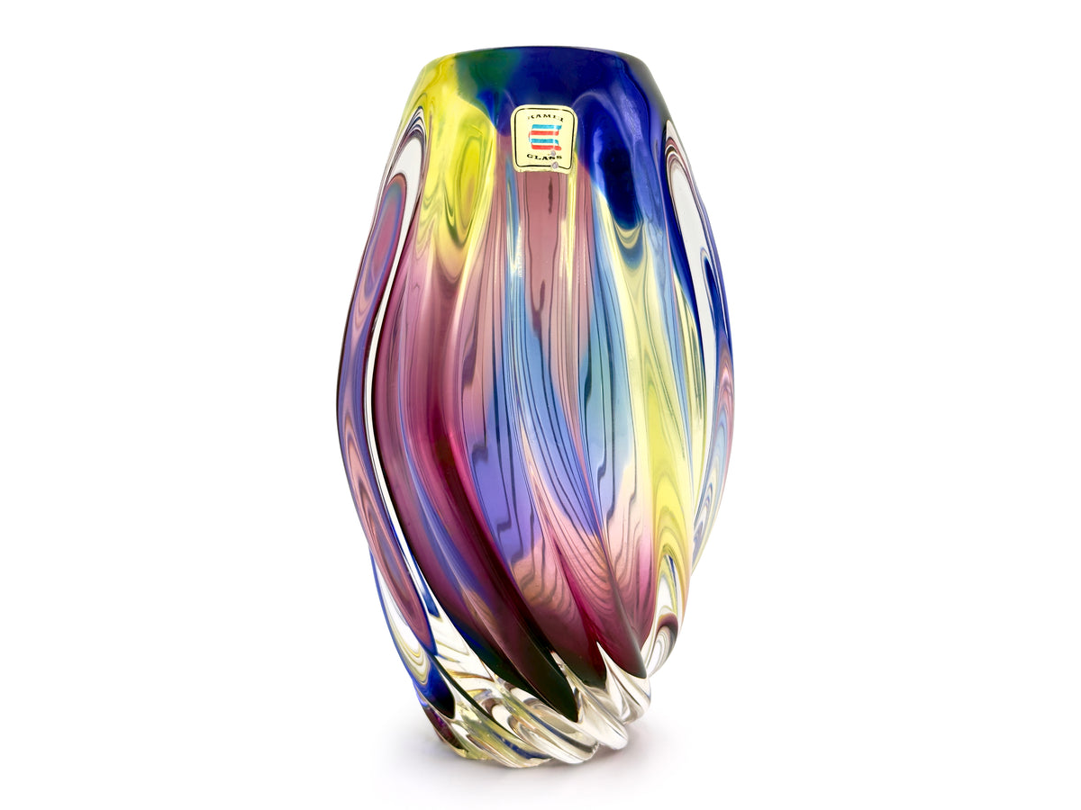 Iwatsu Glass (Japón) de su gama ArtGlass | Jarrón de vidrio artístico "Arcoíris" de 23 cm, en azul, verde chartreuse y rosa. *¡HALLAZGO RARO!* 