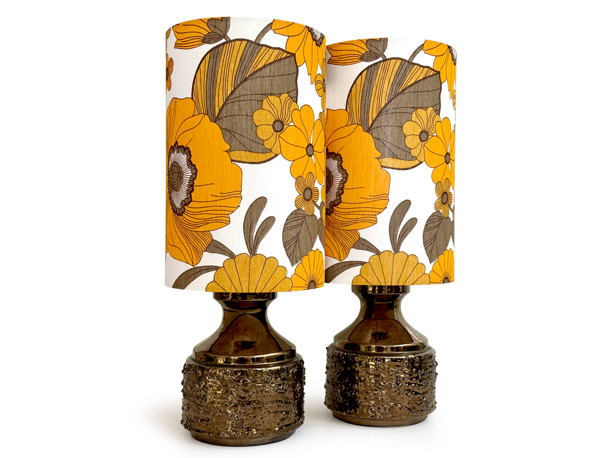 Ellis Ceramics (Australia) Large 19.5" Table Lamps in Bronze [Set x2], with Hand-Made Lampshades (Vintage Fabric)