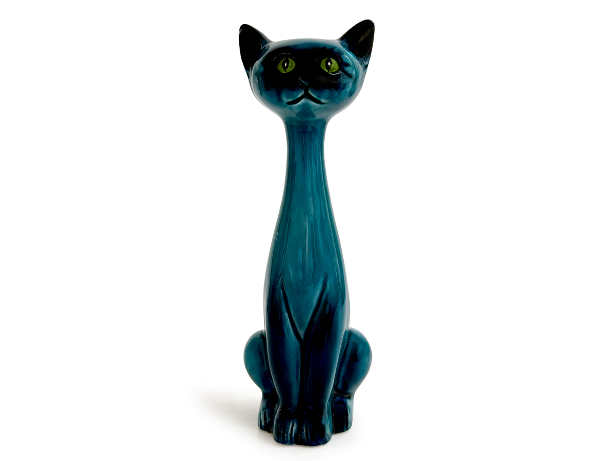 Figurine de chat siamois en céramique de 20 cm, couleur turquoise | Fabriquée au Japon *PIÈCE RARE*