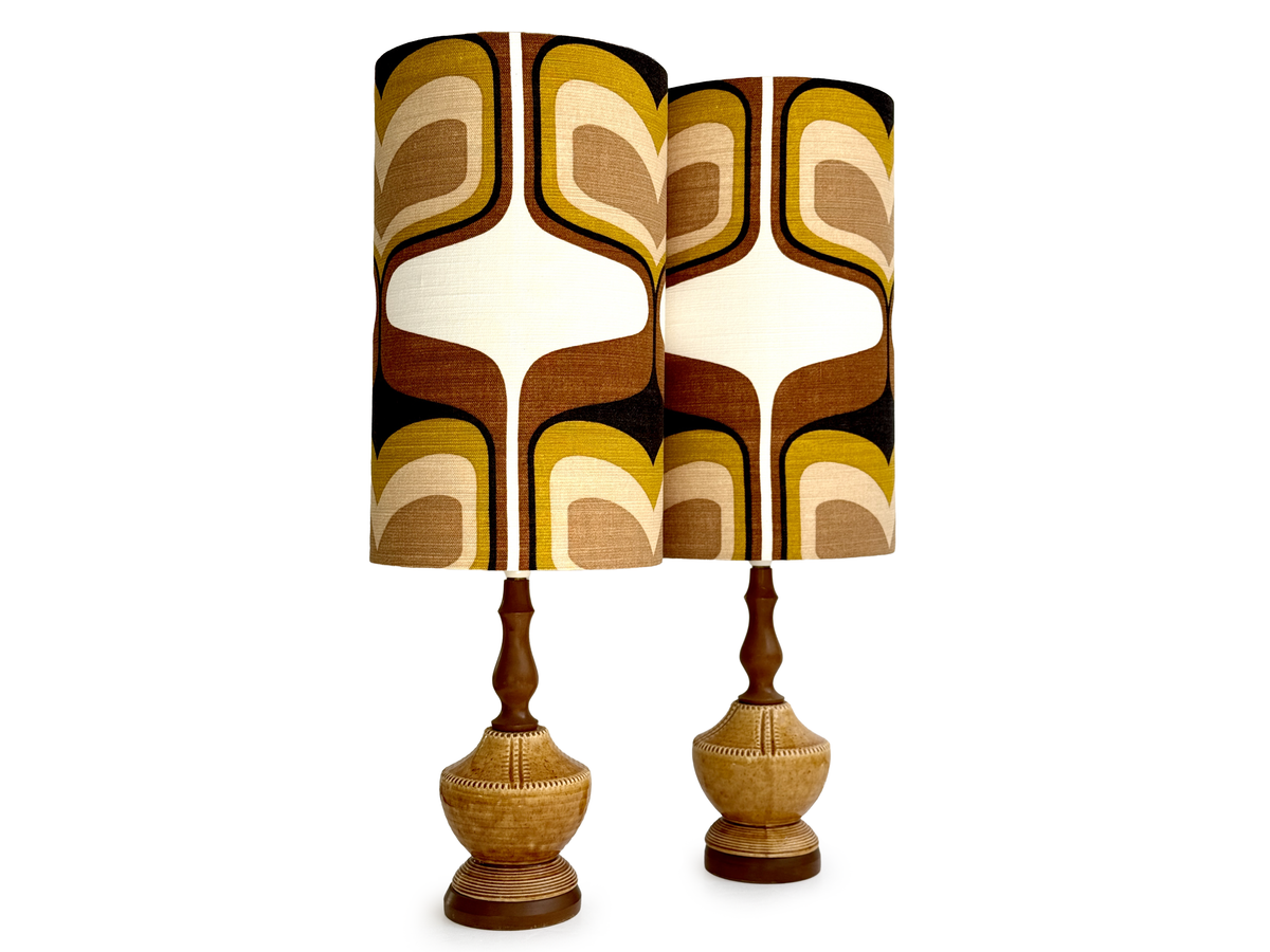 Rakumba Pottery (Australia) Large 28.5" Table Lamps in Caramel [Set x2], with Hand-Made Lampshades (Vintage Fabric)