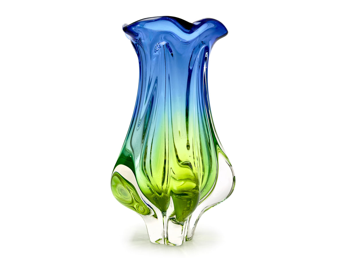 Centro de mesa Sklarna Chřibská (Checoslovaquia) Art Glass de 16,5", en rosa/azul | Diseñado por Josef Hospodka