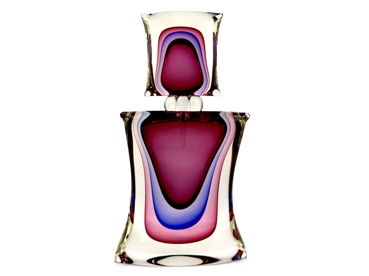 Frasco de perfume XXL de 45 cm de cristal artístico de Oball Glass (Murano, Italia), en rosa/morado | Diseñado y firmado por Luigi Onesto *¡HALLAZGO RARO!* 