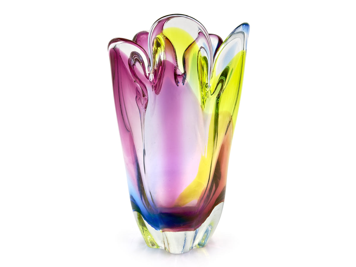 Iwatsu Glass (Japón) de su gama ArtGlass | Jarrón de vidrio artístico "Arcoíris" de 23 cm, en azul, verde chartreuse y rosa. *¡HALLAZGO RARO!* 