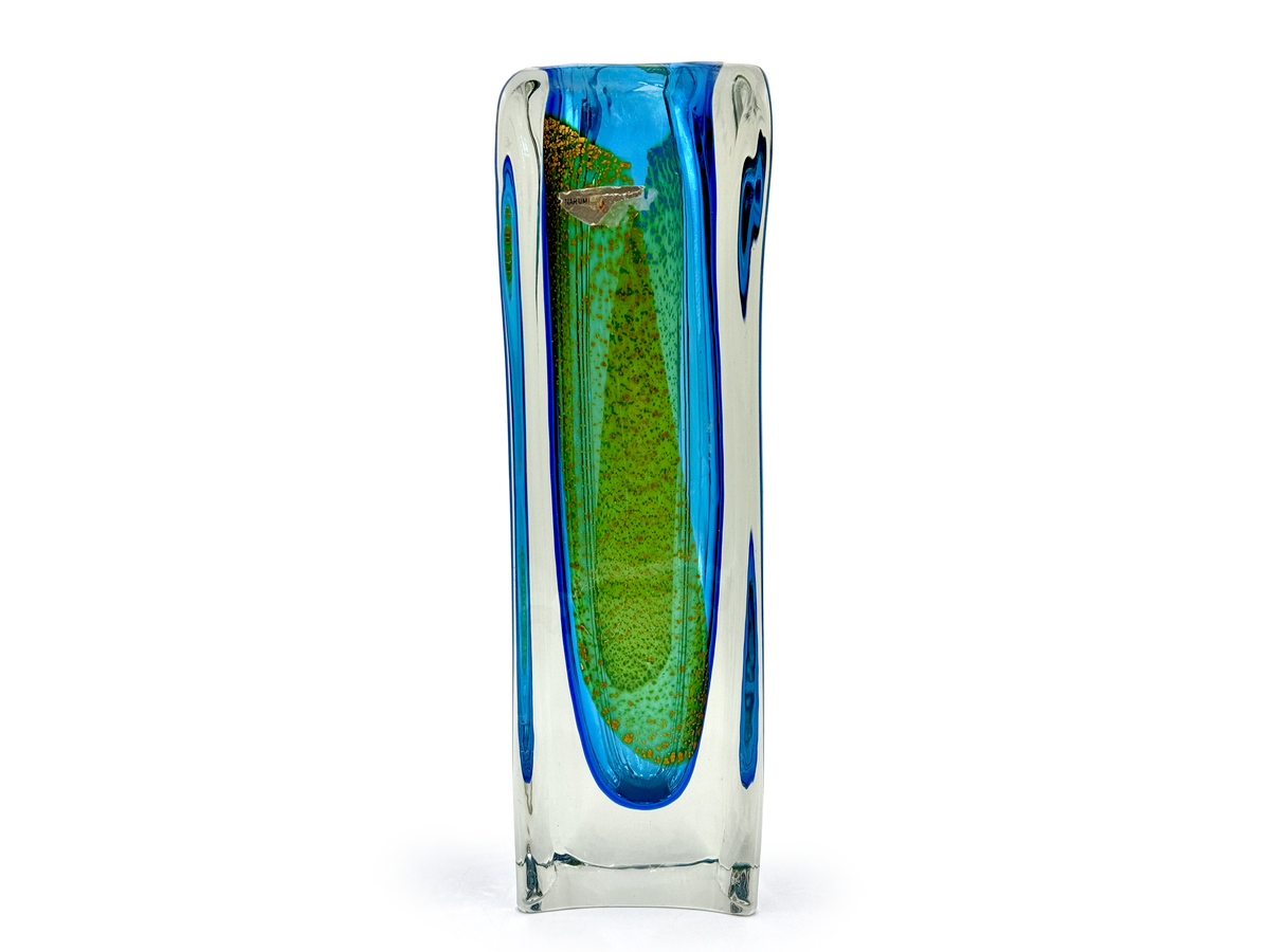 Vase en verre d'art de 25 cm (10 pouces), bleu/violet avec feuilles d'or et d'argent, de la collection Narumi « Fantasy » de Sanyu Glass (Japon). Emballage vintage d'origine. *Pièce rare* 