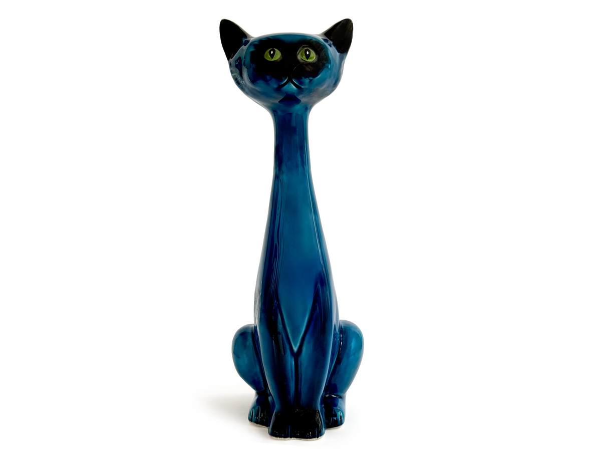 Figurine de chat siamois en céramique bleue de 35,5 cm (14 pouces) | Fabriquée au Japon *PIÈCE RARE*