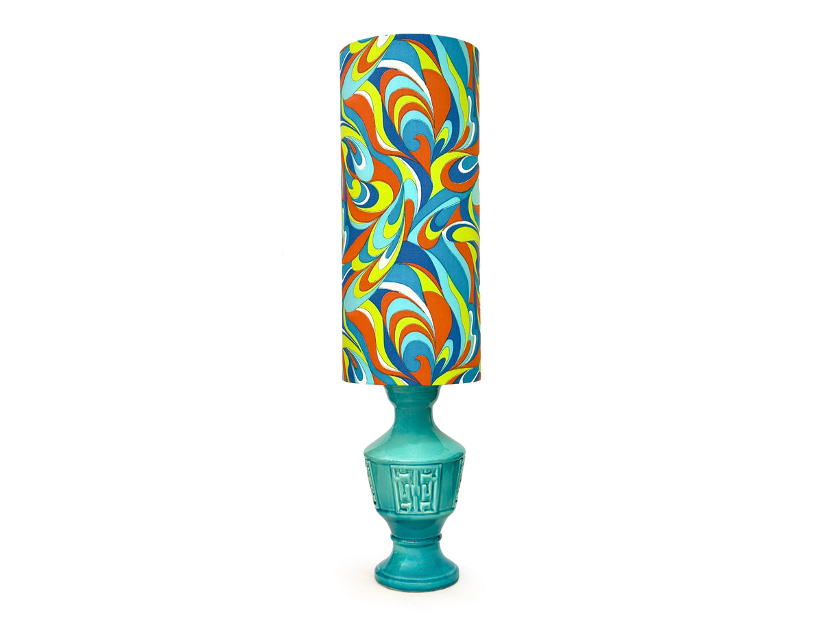 Lámpara de mesa XL de cerámica de 82 cm en verde/ámbar, con pantalla hecha a mano (tela vintage)