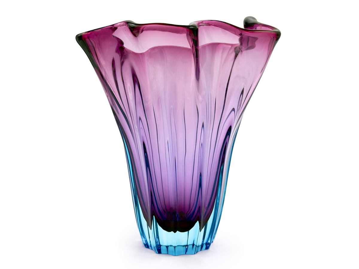 Jarrón de vidrio artístico Sanyu Glass (Japón) de 7", en ciruela/cian