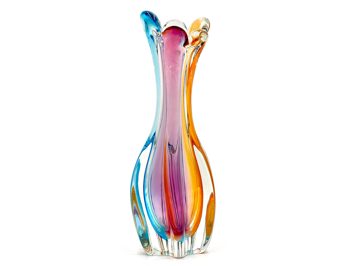 Verre Sanyu (Japon) de la gamme Narumi « Fantasy » | Vase en verre d'art « Arc-en-ciel » de 29,2 cm, bleu/orange/rose