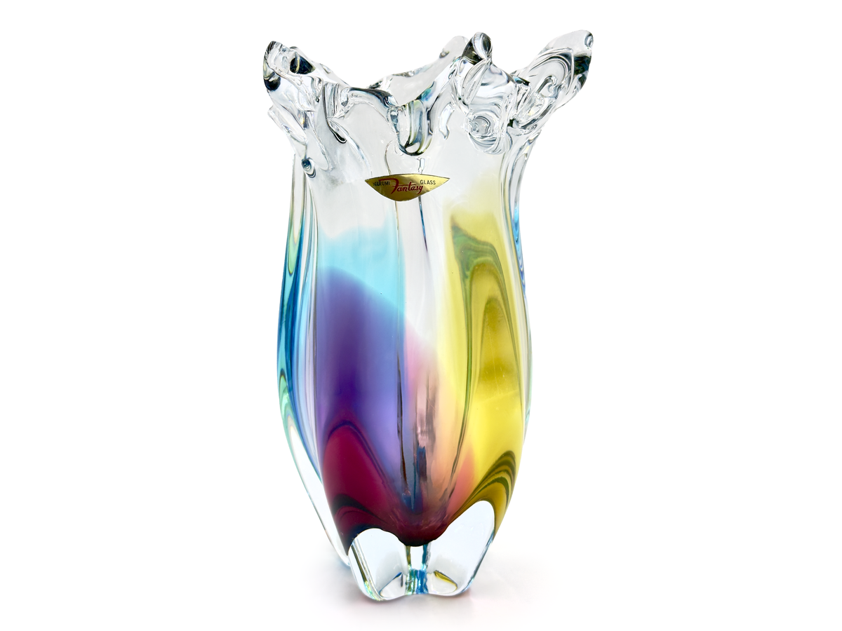 Sanyu Glass (Japan) from their Narumi 'Fantasy' range | Art Glass 11" Vase, in Blue/Pink/Yellow | Original Vintage Packaging