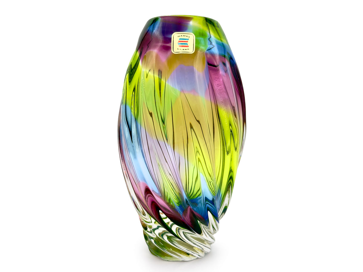 Iwatsu Glass (Japón) de su gama ArtGlass | Jarrón de vidrio artístico "Arcoíris" de 23 cm, en azul, verde chartreuse y rosa. *¡HALLAZGO RARO!* 