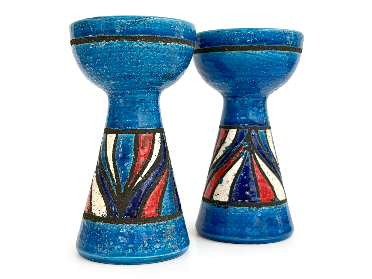 Bitossi (Italy) 'Pumpkin' in Blue/Red, 7" Candle Holders [Set x2] *RARE FIND*