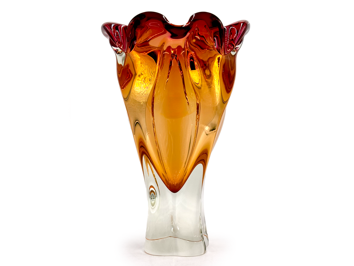 Chřibská Glassworks (Czechoslovakia) Art Glass 10.5" Vase, in Orange/Pink