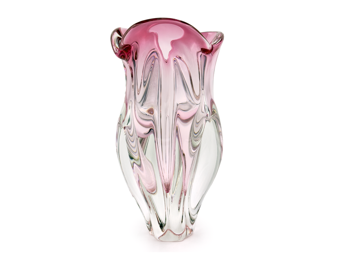Centro de mesa Sklarna Chřibská (Checoslovaquia) Art Glass de 16,5", en rosa/azul | Diseñado por Josef Hospodka