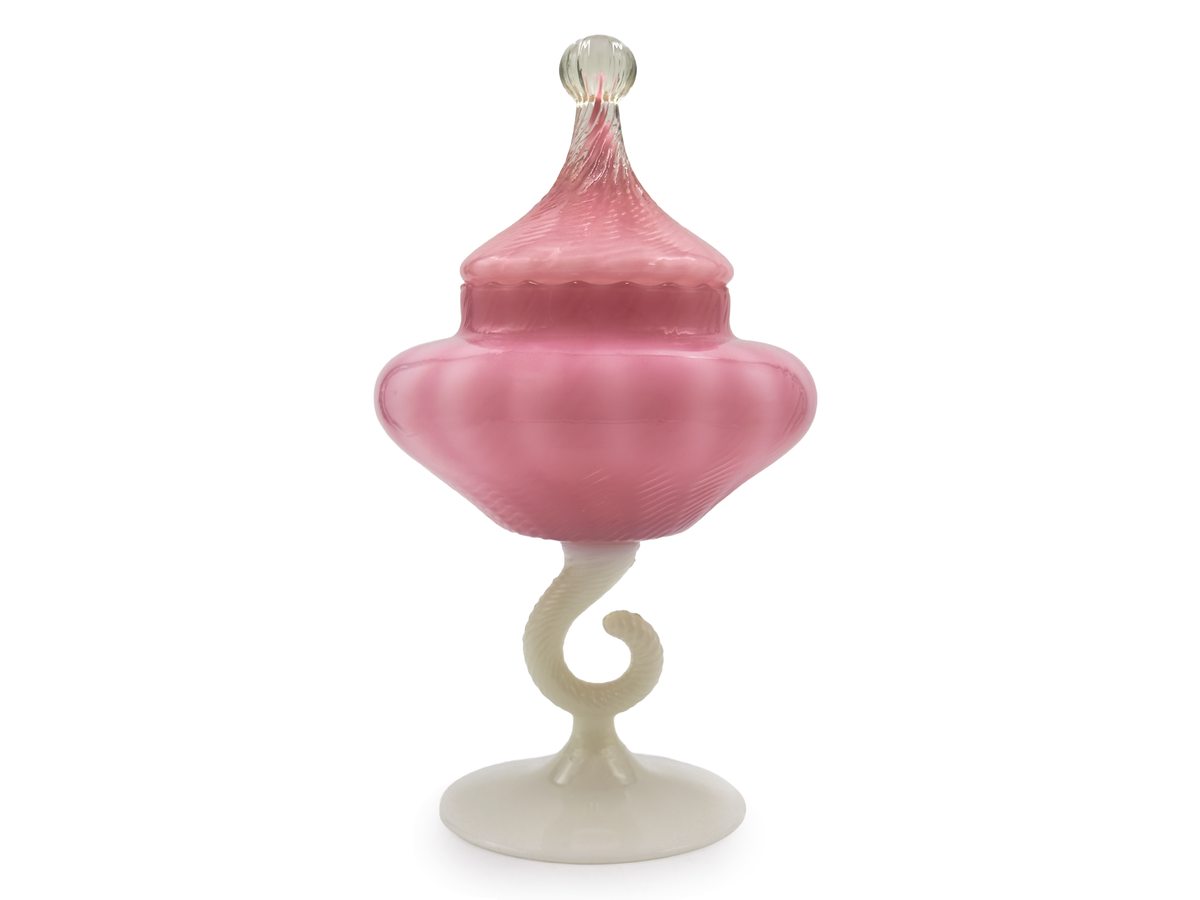 STELVIA Glass (Empoli, Italy) from their Romantica range | 'Hook' 12" Apothecary Jar / Candy Dish, in Pink/White *RARE FIND*