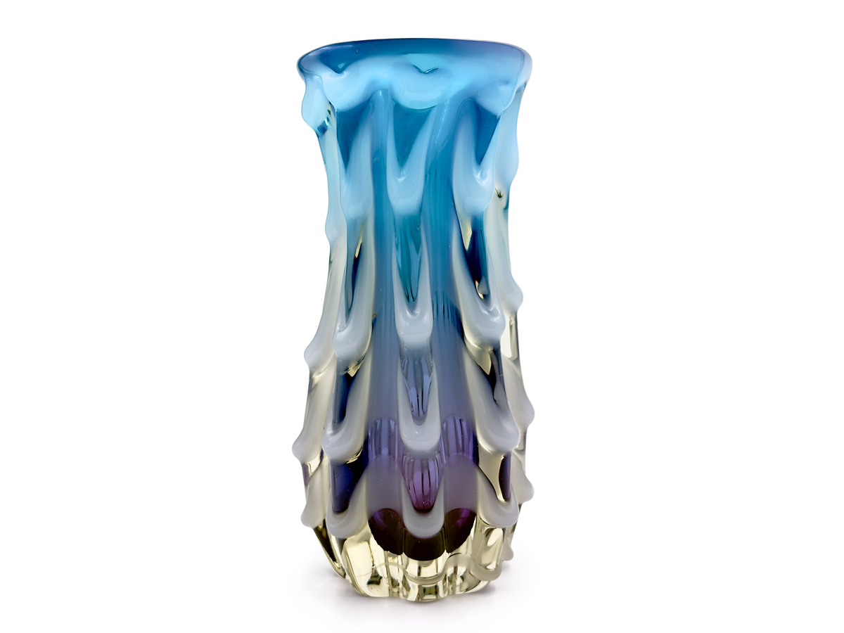 Vidrio Sanyu (Japón) de su línea Narumi «Fantasy» | Jarrón de vidrio artístico de 10", en azul/morado *HALLAZGO RARO*
