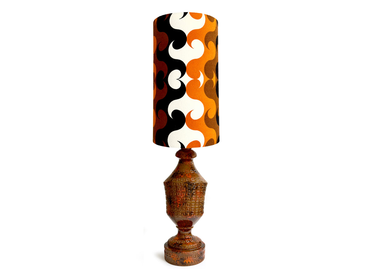 Bitossi (Italy) 'Raviolo' in Brown/Orange/Black, XXL 44" Table Lamp, with Hand-Made Lampshade (Vintage Fabric) *RARE FIND*