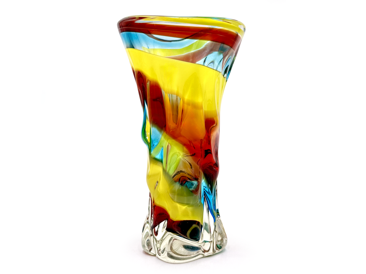 Vase en verre d'art Tatsumi Glass (Japon), 21,6 cm, bleu/rouge/jaune