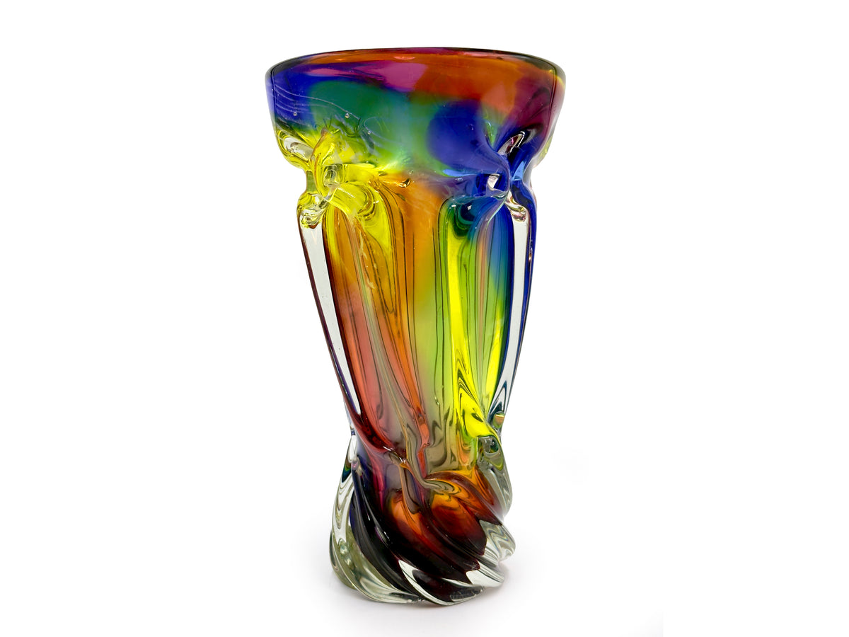 Jarrón de vidrio artístico "Arcoíris" de 23 cm de Hokuyo Glass (Japón), en azul, rosa y amarillo. *¡HALLAZGO RARO!* 